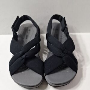 Clarks NEW Black Gray Arla Belle Cushion Bohemian Strappy Soft Wedge Sandals 7M